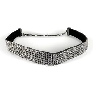 14” Express Gunmetal Black Faux Suede Ribbon White Rhinestone Choker Necklace